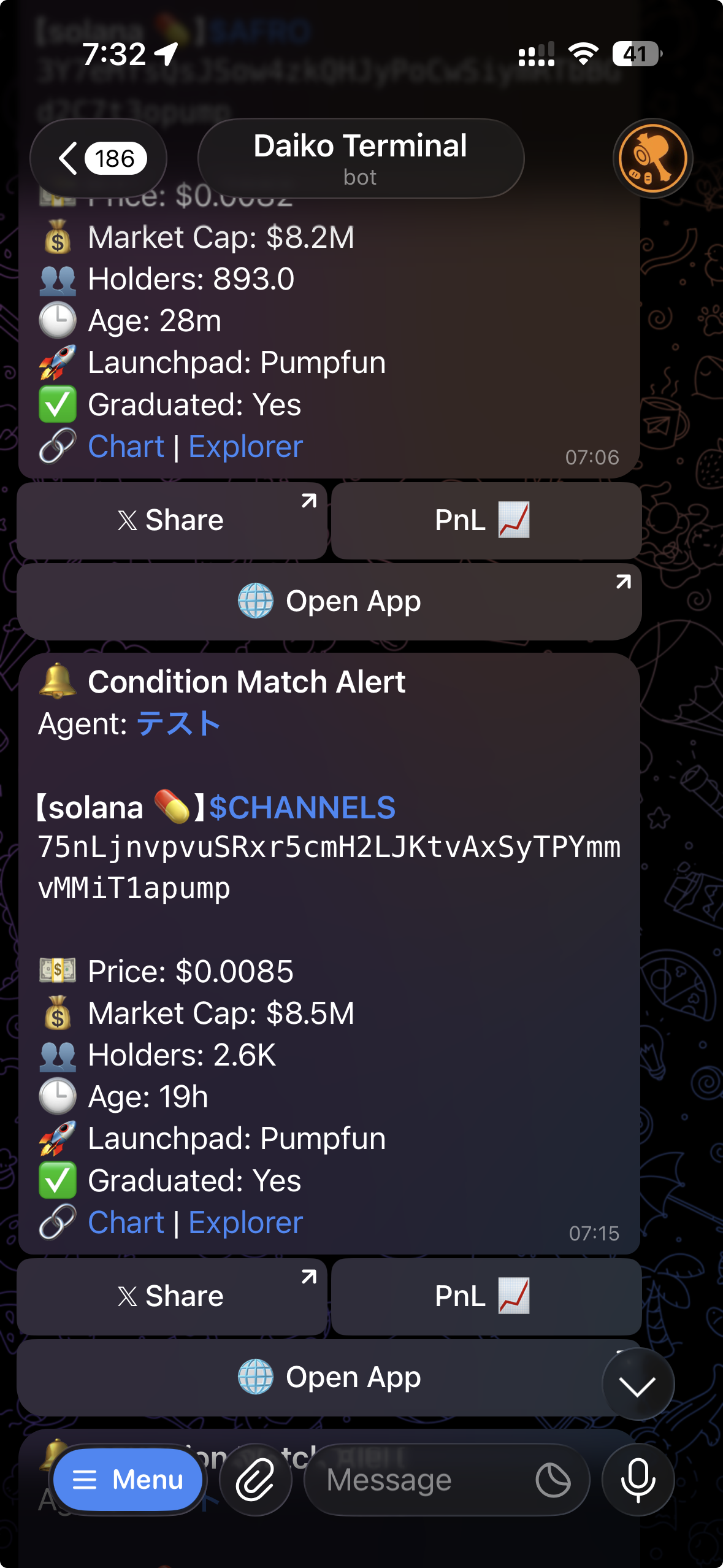 Condition Match Alert in Daiko Terminal bot chat (agent name, token details, Open App)